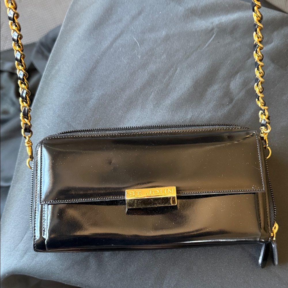 St. John Patent Leather Crossbody,Black Gold Chain Designer Evening Clutch Purse
